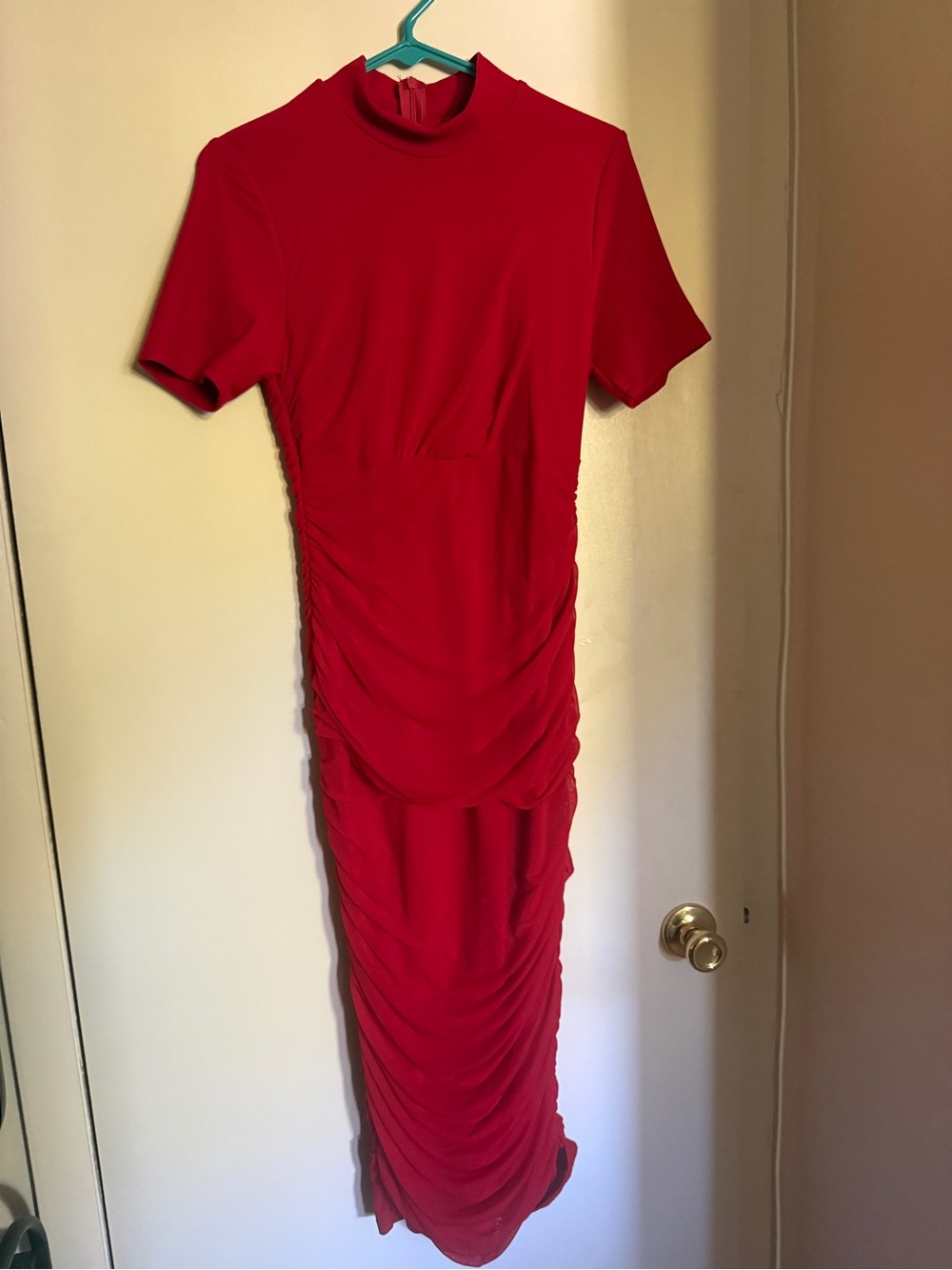 Red Ruched Midi Dress with High Neck